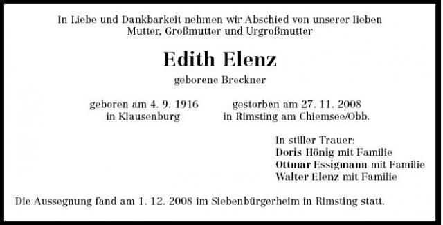 Breckner Edith 1916-2008 Todesanzeige